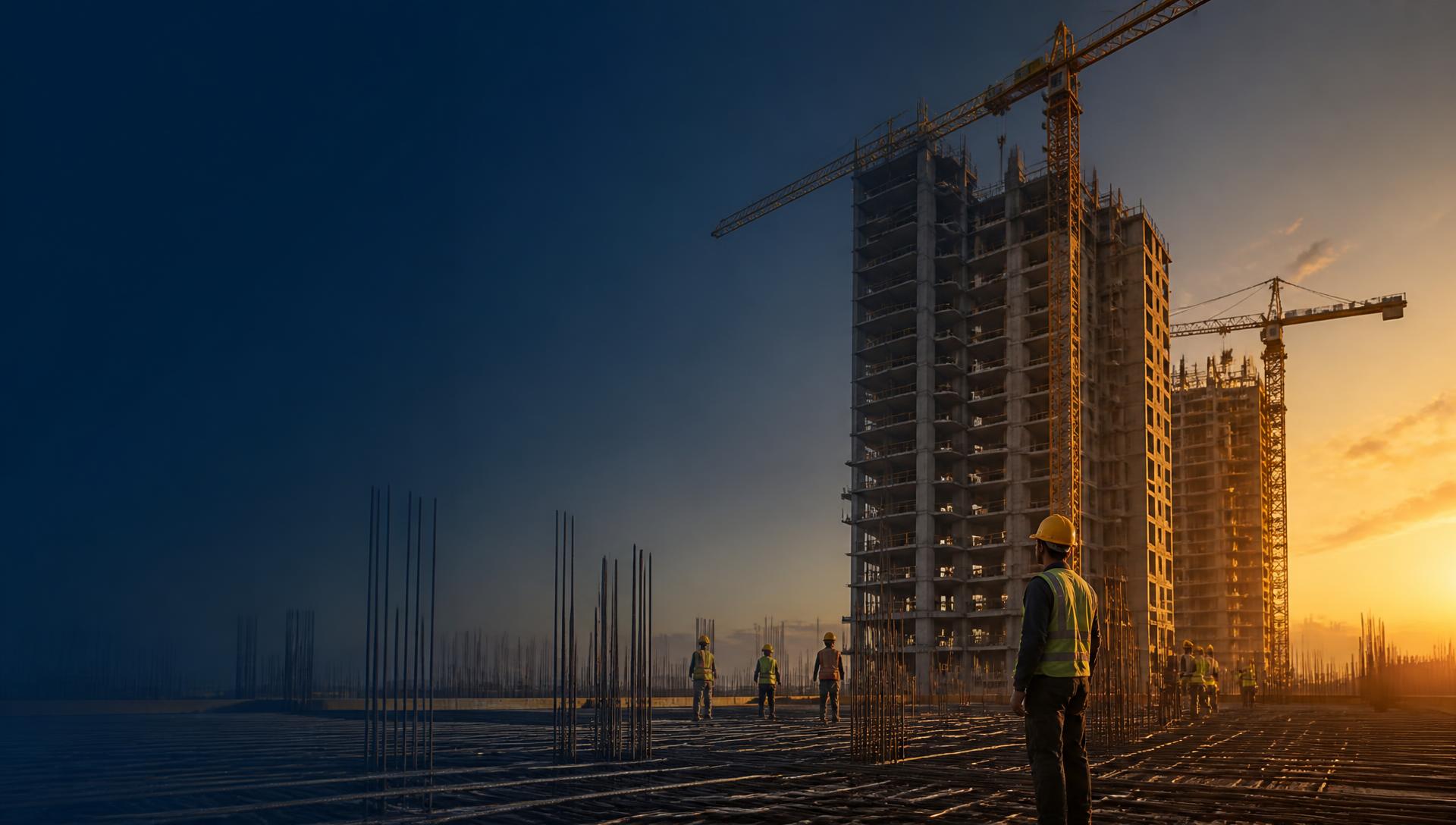 High-rise construction site with cranes and steel reinforcement