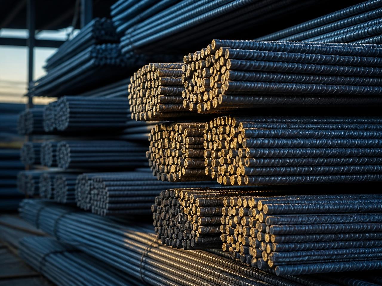Stacks of TMT steel reinforcement bars
